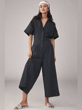Anthropologie Black Wide-Leg Button Jumpsuit with Tie Waist